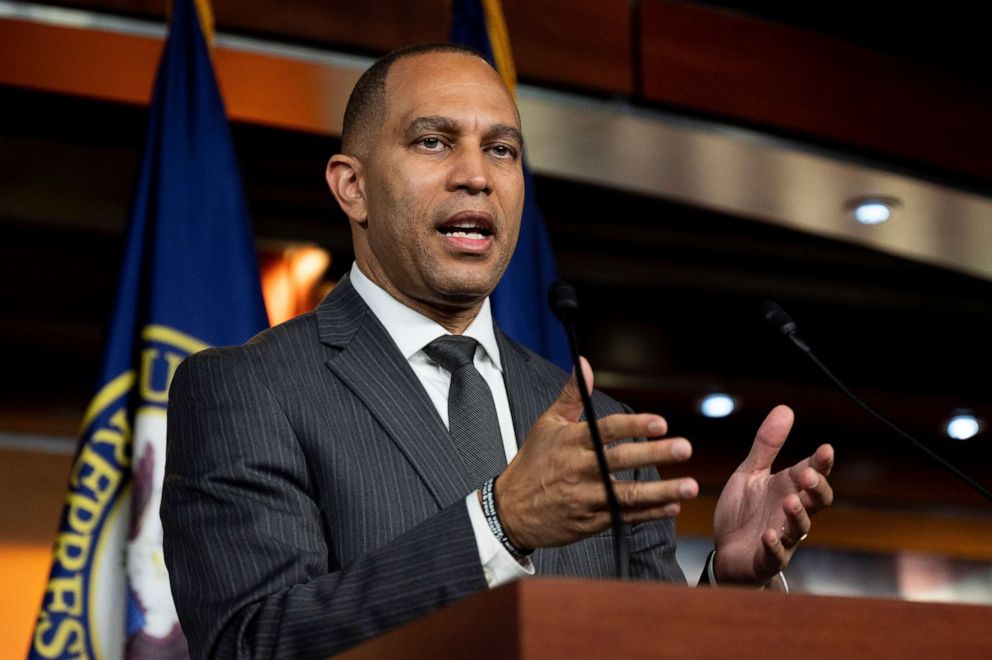 PHOTO: Rep. Hakeem Jeffries speaks at a post House Democratic caucus meeting press conference, March 29, 2022, in Washington, DC.