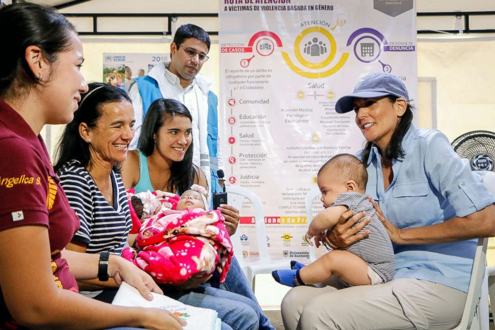 PHOTO: U.S. Ambassador to the United Nations Nikki Haley, right, speaks with Venezuelan migrants in a shelter in Cucuta, Colombia, near the border with Venezuela, August 8, 2018.