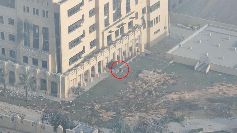 PHOTO: A view shows what the Israeli military says is an opening to Hamas underground infrastructure at Sheikh Hamad Hospital in this still image taken from an IDF video released Nov. 5, 2023