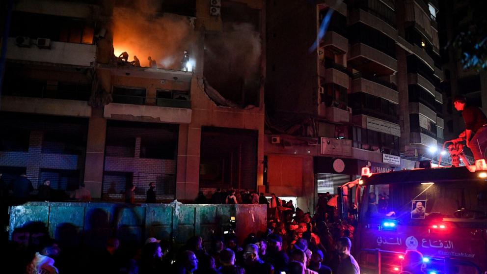 PHOTO: Emergency services pictured at the site of an explosion in the southern district of Dahiyeh, Beirut, Lebanon, Jan. 2, 2024. 