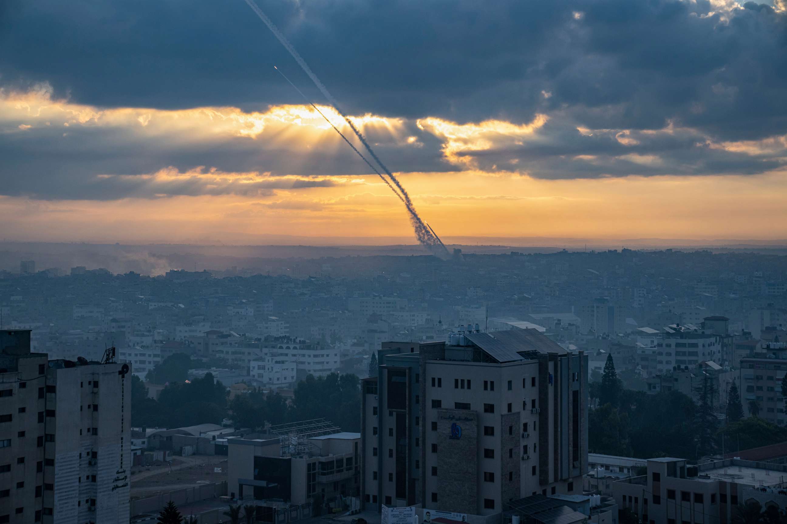 PHOTO: Rockets are fired toward Israel from the Gaza Strip, Saturday, Oct. 7, 2023. The rockets were fired as Hamas announced a new operation against Israel.