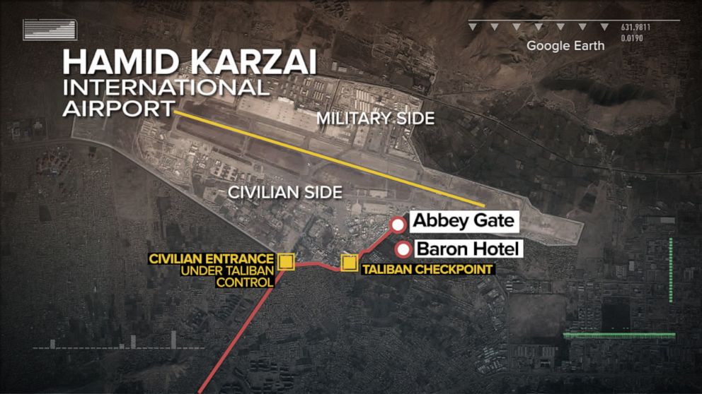 PHOTO: Abbey Gate and Baron Hotel are marked on a Google Earth view of Hamid Karzai International Airport in Kabul, Afghanistan.