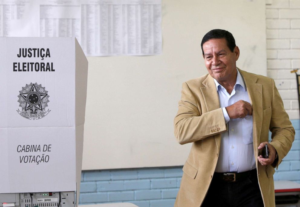 PHOTO: Hamilton Mourao, vice presidential candidate of Jair Bolsonaro, casts his vote in Brasilia, Brazil, Oct. 7, 2018.