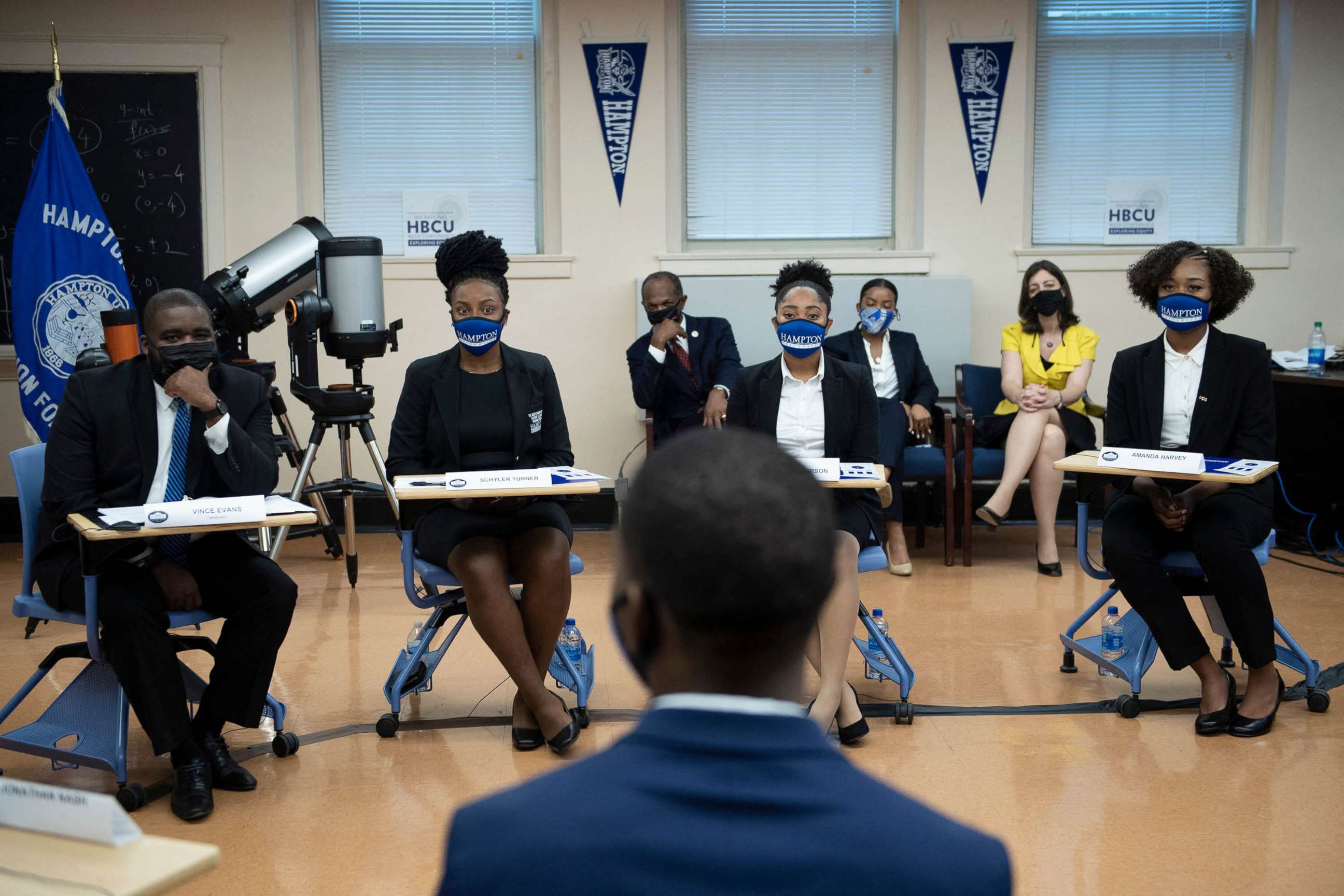 PHOTO: FILE - Students and others listen during a discussion with US Vice President Kamala Harris as she tours Hampton University, Sept. 10, 2021, in Hampton, Virginia.