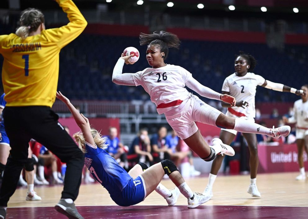 PHOTO: Pauletta Foppa of France is seen in action against goalkeeper Anna Sedoykina of Russia during the Women's Handball Gold Medal match between Russia and France at the Tokyo 2020 Olympic Games in Tokyo, Japan, Aug. 8, 2021.