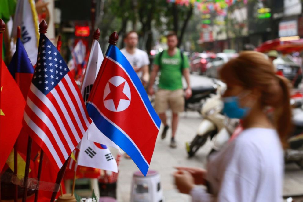 PHOTO: U.S and North Korean flags are on display for sale at a flag shop in Hanoi, Vietnam, Jan. 29, 2019.