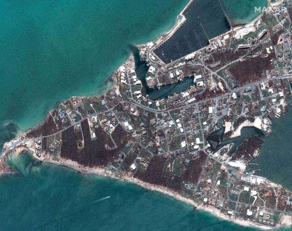 PHOTO: After Hurricane Dorian struck Marsh Harbor marinas on Great Abaco, Bahamas in a satellite photo taken Sept. 5, 2019.