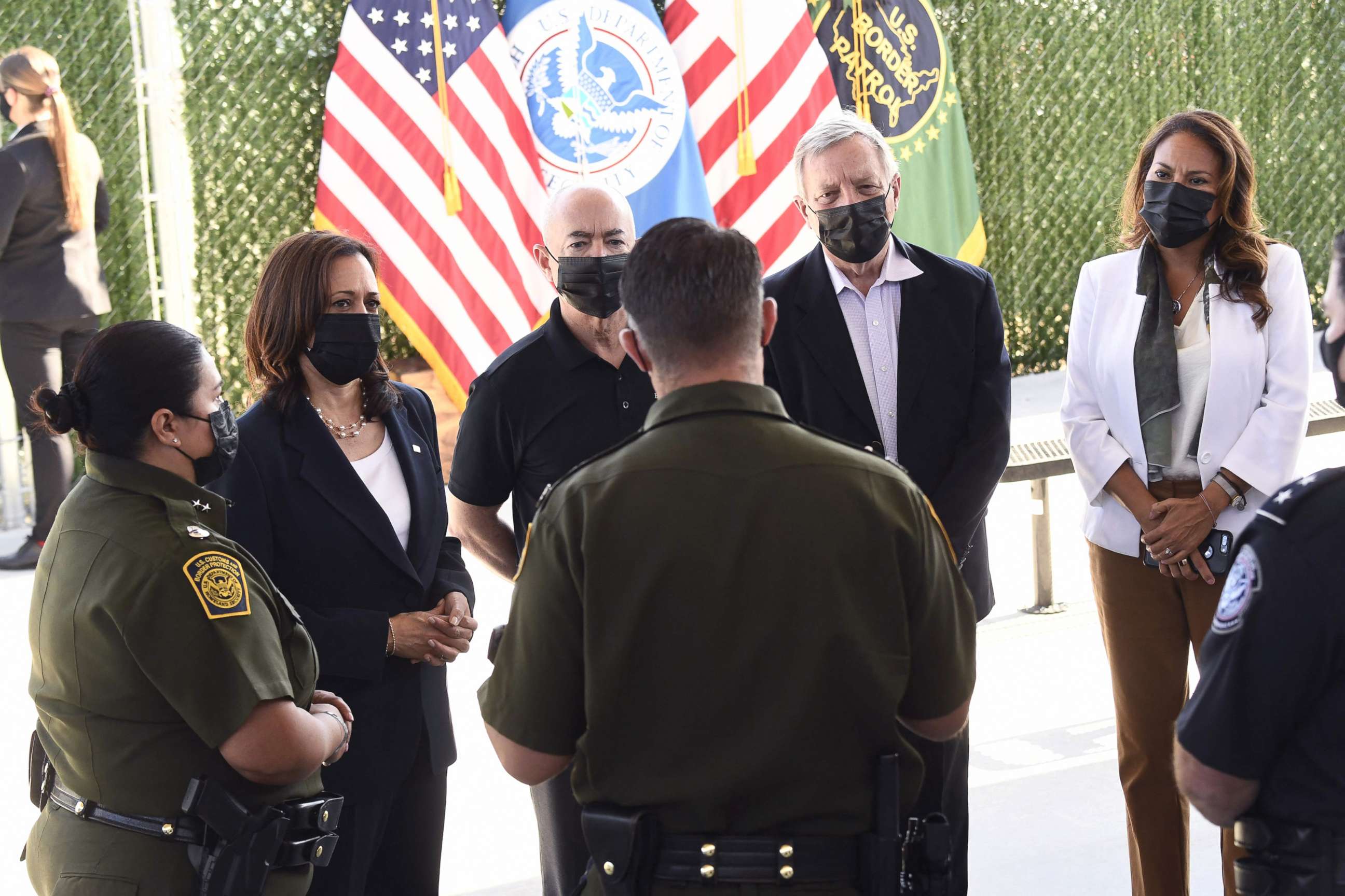 PHOTO: Vice President Kamala Harris, with Secretary Of Homeland Security Alejandro Mayorkas (3rd-L), Senator Dick Durbin, (2nd-R,) and congresswoman Rep. Veronica Escobar, tours the El Paso Border Patrol Station, on June 25, 2021, in El Paso, Texas.