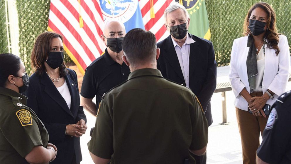 PHOTO: Vice President Kamala Harris, with Secretary Of Homeland Security Alejandro Mayorkas (3rd-L), Senator Dick Durbin, (2nd-R,) and congresswoman Rep. Veronica Escobar, tours the El Paso Border Patrol Station, on June 25, 2021, in El Paso, Texas.