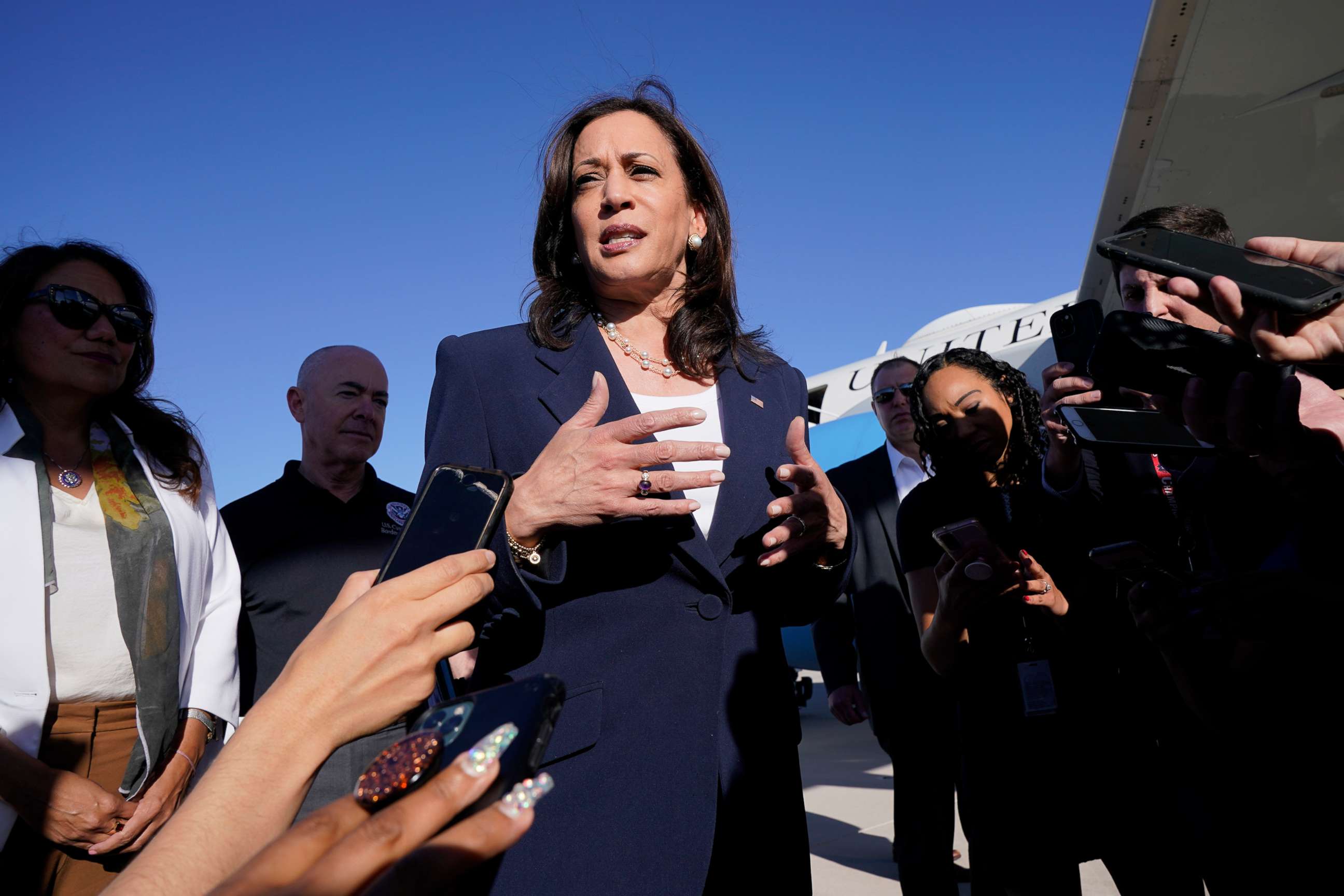 PHOTO: Vice President Kamala Harris talks to the media after stepping off Air Force Two, June 25, 2021, on arrival to El Paso, Texas.