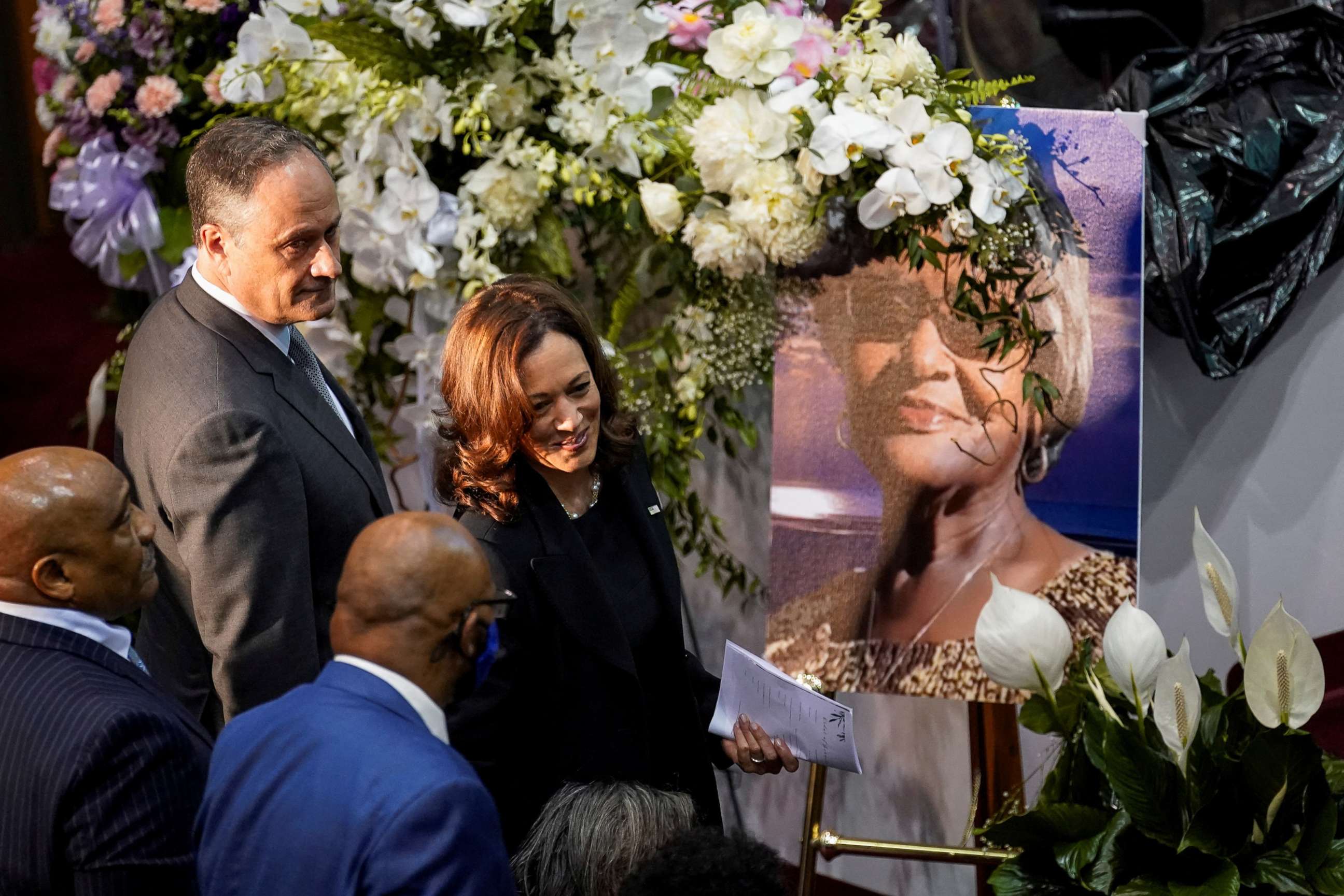 PHOTO: Vice President Kamala Harris and first gentleman Douglas Emhoff arrive for the funeral service for Ruth Whitfield, an 86-year-old victim of the recent mass shooting in Buffalo, at Mount Olive Baptist Church in Buffalo, New York, May 28, 2022.