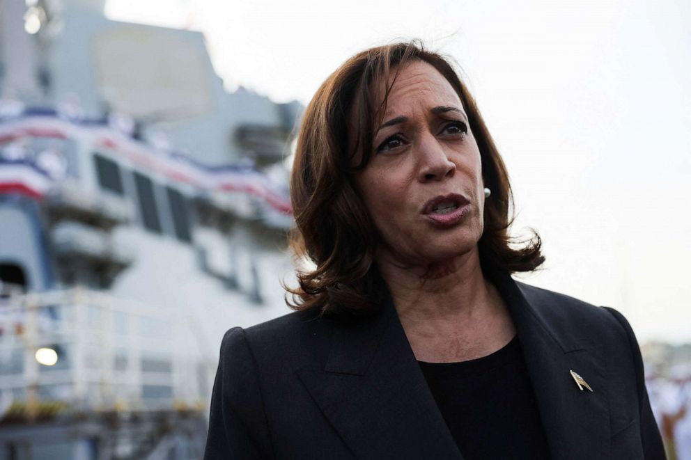 PHOTO: Vice President Kamala Harris talks to the media at Yokosuka Naval Base, in Yokosuka, Japan, on Sep. 28, 2022.