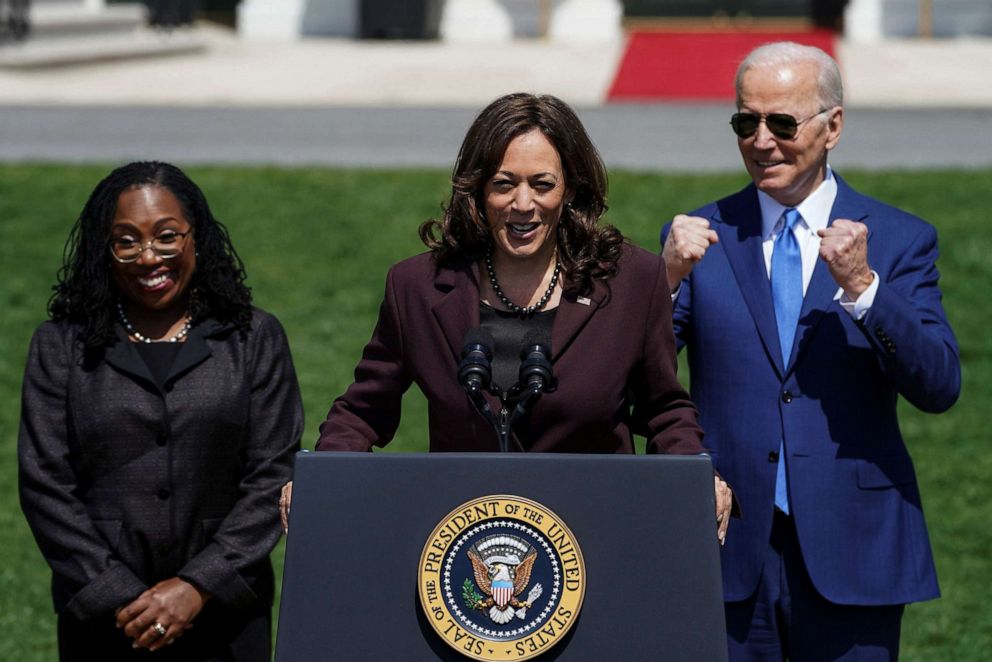 PHOTO: President Joe Biden pumps his fists as Vice President Kamala Harris delivers remarks on Judge Ketanji Brown Jackson's confirmation as the first Black woman to serve on the U.S. Supreme Court, at the White House in Washington, April 8, 2022.