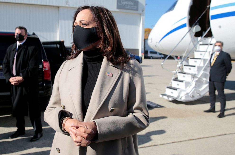 PHOTO: Democratic vice presidential candidate Kamala Harris arrives at Metro Airport in Romulus during on Election Day in Michigan, Nov. 3, 2020.