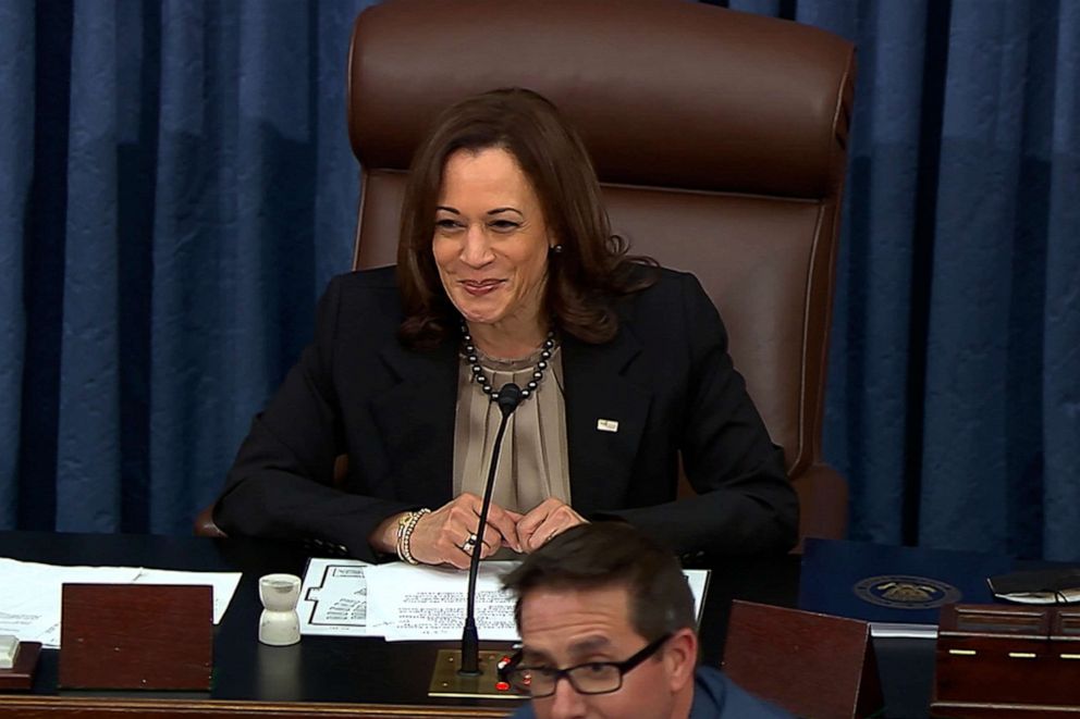 PHOTO: Vice President Kamala Harris prepares to read the final vote count of 53-47 as the U.S. Senate votes to confirm Ketanji Brown Jackson to the Supreme Court at the U.S. Capitol, April 7, 2022, in Washington.