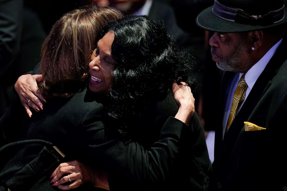 PHOTO: RowVaughn Wells hugs Vice President Kamala Harris during the funeral service for her son Tyre Nichols at Mississippi Boulevard Christian Church in Memphis, Tenn., Feb. 1, 2023.