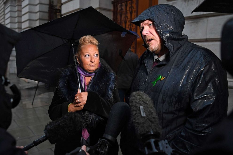 PHOTO: Parents of teenage motorcyclist Harry Dunn who was killed in a collision with a car by U.S. citizen Anne Sacoolas, speak to members of the media in London, Jan. 27, 2020.