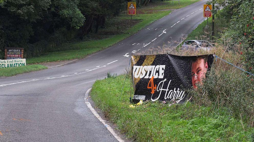PHOTO: A banner honors Harry Dunn who was struck and killed while riding his motorcycle by a car coming from RAF Croughton airbase, near Brackley, England, Oct. 15, 2019. The drive of the vehicle is the wife of a U.S. diplomat.