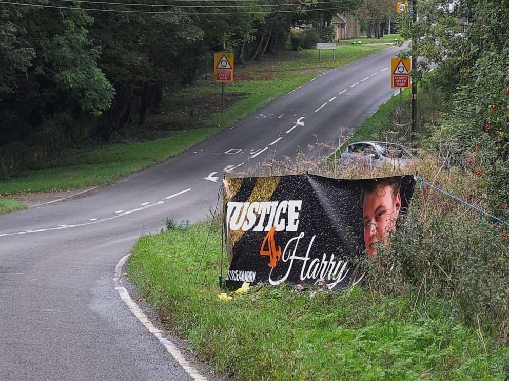 PHOTO: A banner honors Harry Dunn who was struck and killed while riding his motorcycle by a car coming  from RAF Croughton airbase, near Brackley, England, Oct. 15, 2019. The drive of the vehicle is the wife of a U.S. diplomat.