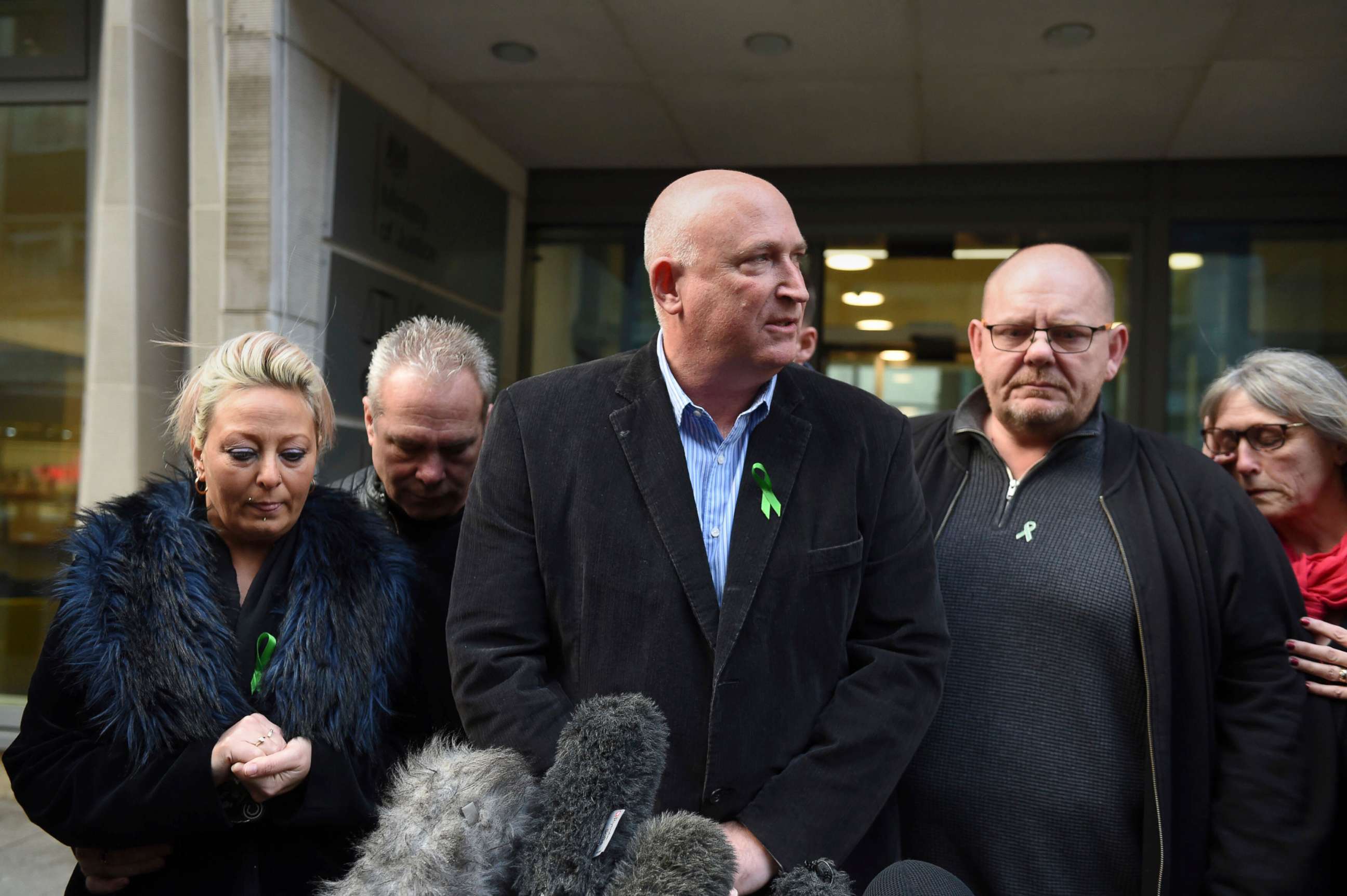PHOTO: The family of Harry Dunn, from left, mother Charlotte Charles, stepfather Bruce Charles, family spokesman Radd Seiger, father Tim Dunn and stepmother Tracey Dunn speak to the media outside the Ministry Of Justice in London, Dec. 20, 2019.