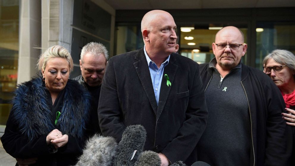 PHOTO: The family of Harry Dunn, from left, mother Charlotte Charles, stepfather Bruce Charles, family spokesman Radd Seiger, father Tim Dunn and stepmother Tracey Dunn speak to the media outside the Ministry Of Justice in London, Dec. 20, 2019.