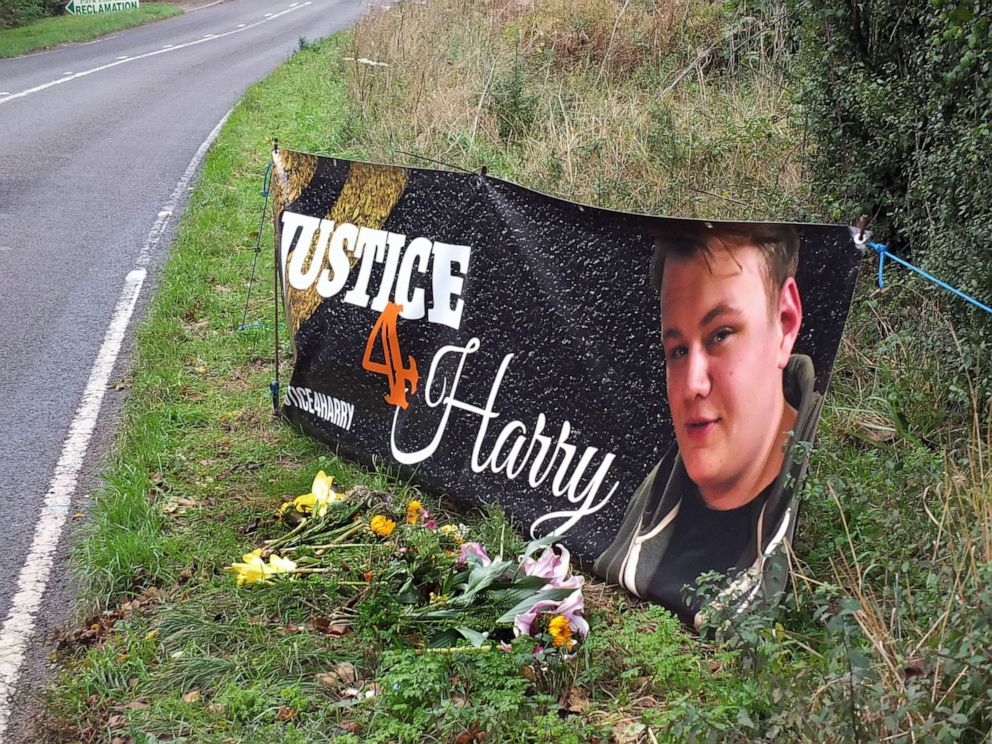 PHOTO: In this Oct. 15, 2019, file photo, a banner is shown near the RAF Croughton airbase in Northamptonshire, England, where Harry Dunn died when riding his motorcycle from his home.
