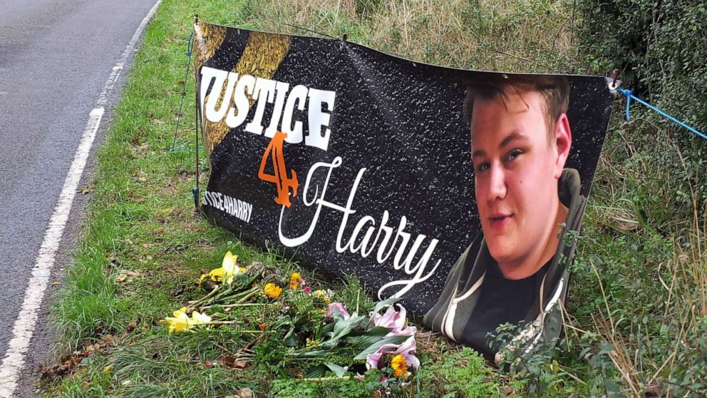 PHOTO: In this Oct. 15, 2019, file photo, a banner is shown near the RAF Croughton airbase in Northamptonshire, England, where Harry Dunn died when riding his motorcycle from his home.
