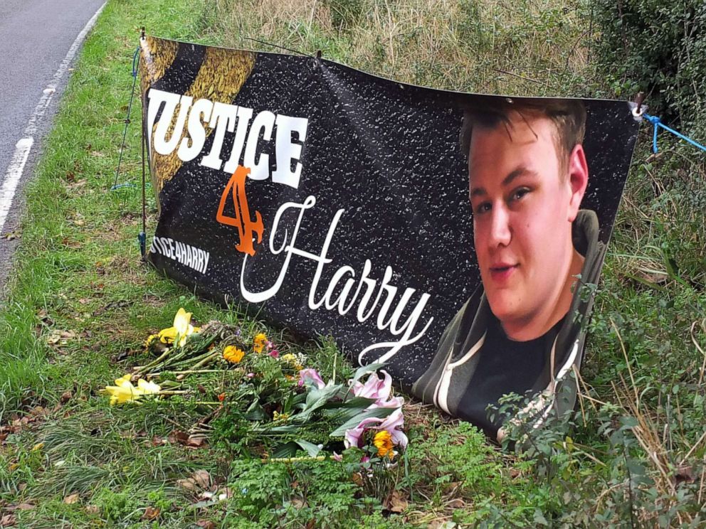PHOTO: In this Oct. 15, 2019, file photo, a banner is shown near the RAF Croughton airbase in Northamptonshire, England, where Harry Dunn died when riding his motorcycle from his home.

