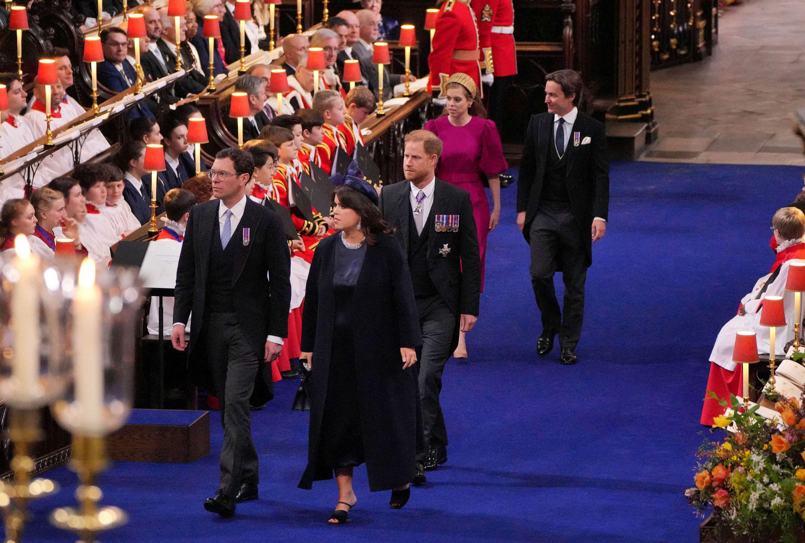PHOTO: Princess Eugenie and Jack Brooksbank, the Duke of Sussex (center) and Princess Beatrice and Edoardo Mapelli Mozzi at the coronation ceremony of King Charles III and Queen Camilla in Westminster Abbey, London, May 6, 2023.