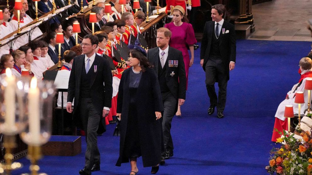 PHOTO: Princess Eugenie and Jack Brooksbank, the Duke of Sussex (centre) and Princess Beatrice and Edoardo Mapelli Mozzi at the coronation ceremony of King Charles III and Queen Camilla in Westminster Abbey, London, May 6, 2023.