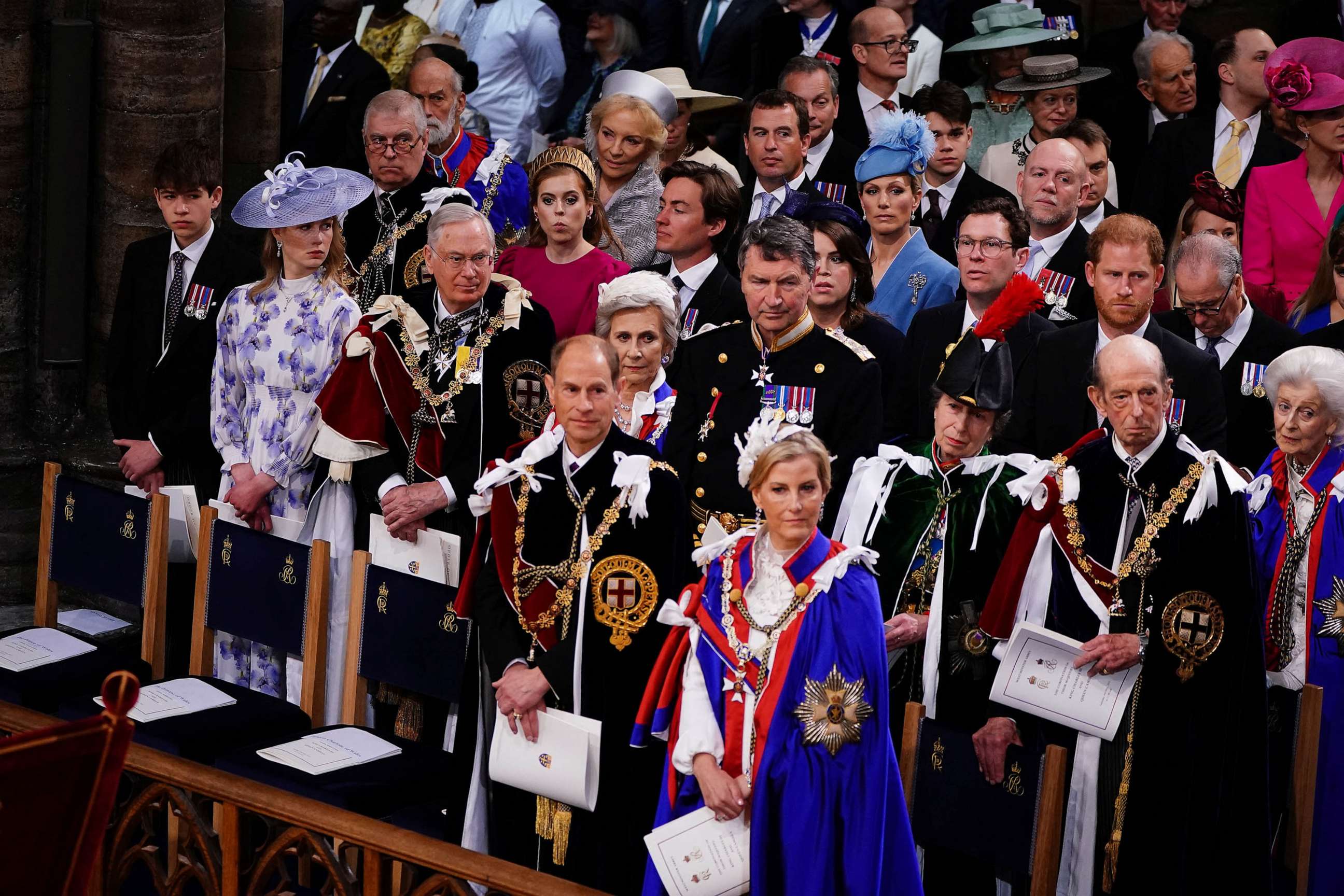 PHOTO: The Duke of York, Princess Beatrice, Peter Phillips, Edoardo Mapelli Mozzi, Zara Tindall, Princess Eugenie, Jack Brooksbank, Mike Tindall and the Duke of Sussex, (left to right 2nd row) the Earl of Wessex,
