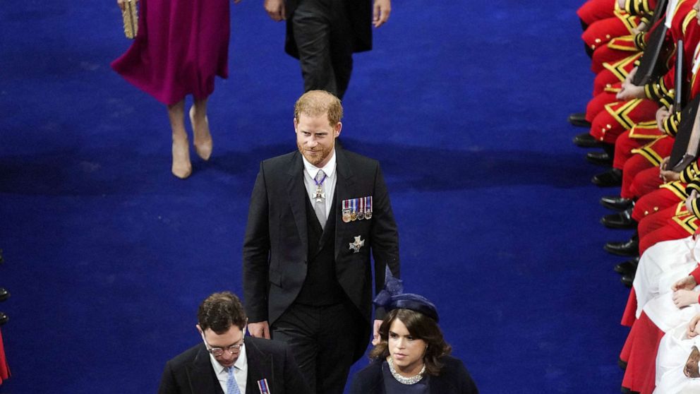 PHOTO: The Duke of Sussex with Princess Eugenie and Jack Brooksbank at the coronation of King Charles III and Queen Camilla at Westminster Abbey, London, May 6, 2023.