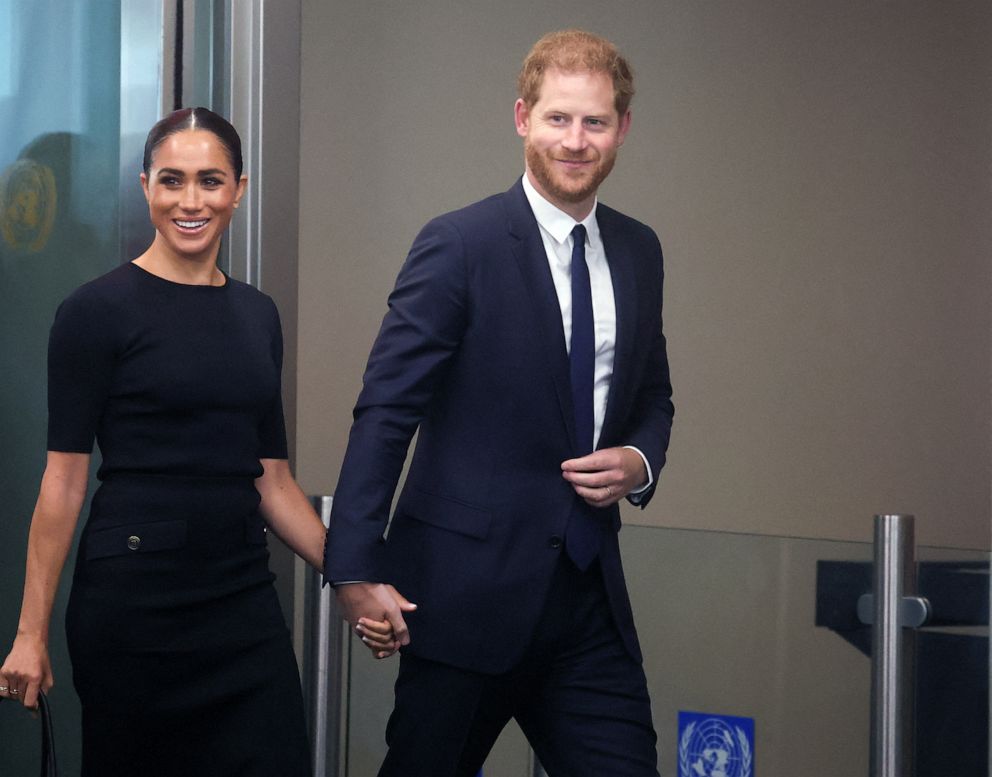 PHOTO: In this July 18, 2022, file photo, Meghan, Duchess of Sussex and Britain's Prince Harry arrive to celebrate Nelson Mandela International Day at the United Nations Headquarters in New York. 