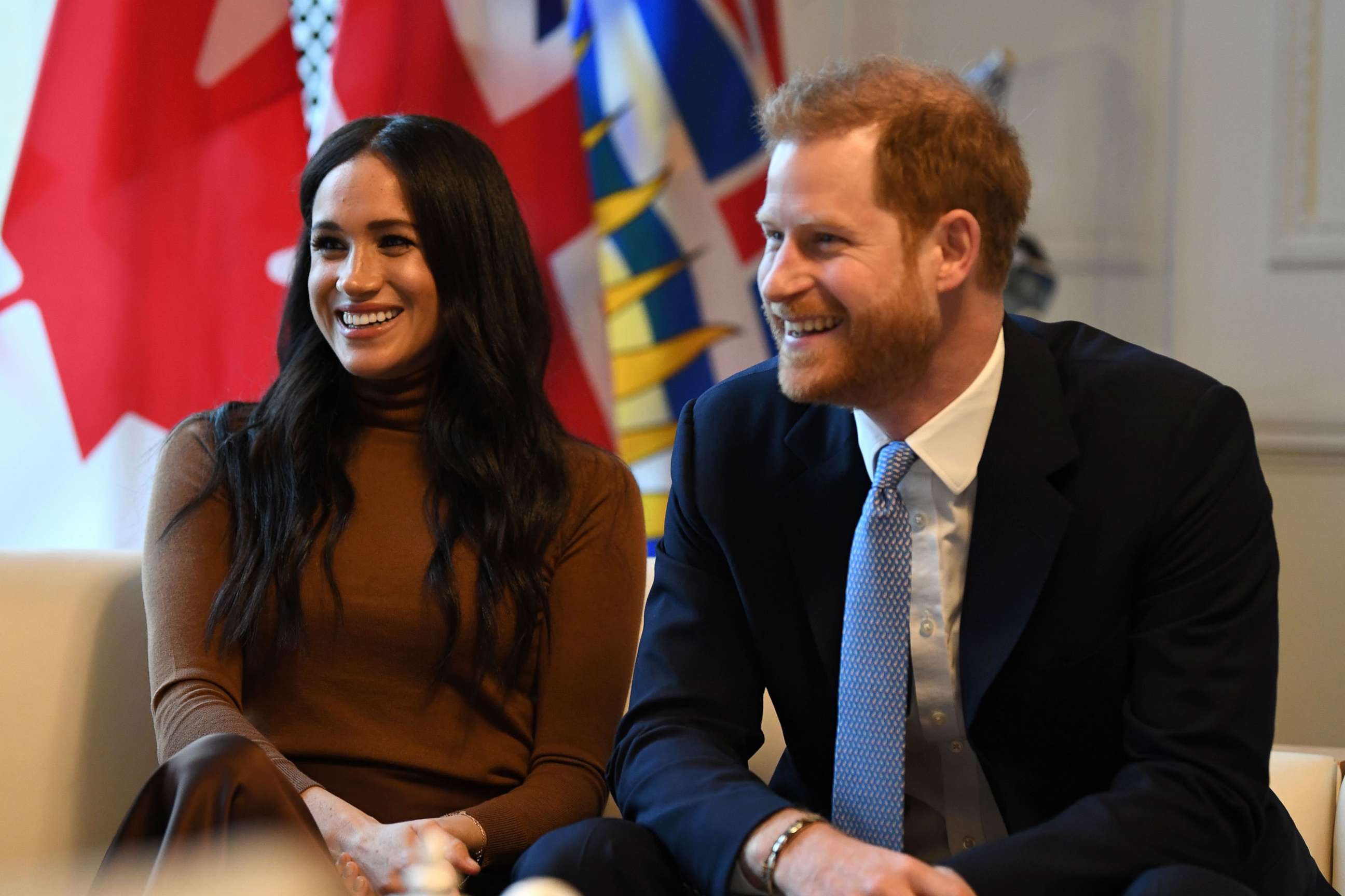 PHOTO: Britain's Prince Harry, Duke of Sussex and Meghan, Duchess of Sussex react during their visit to Canada House in thanks for the warm Canadian hospitality and support they received during their recent stay in Canada, in London on Jan. 7, 2020.