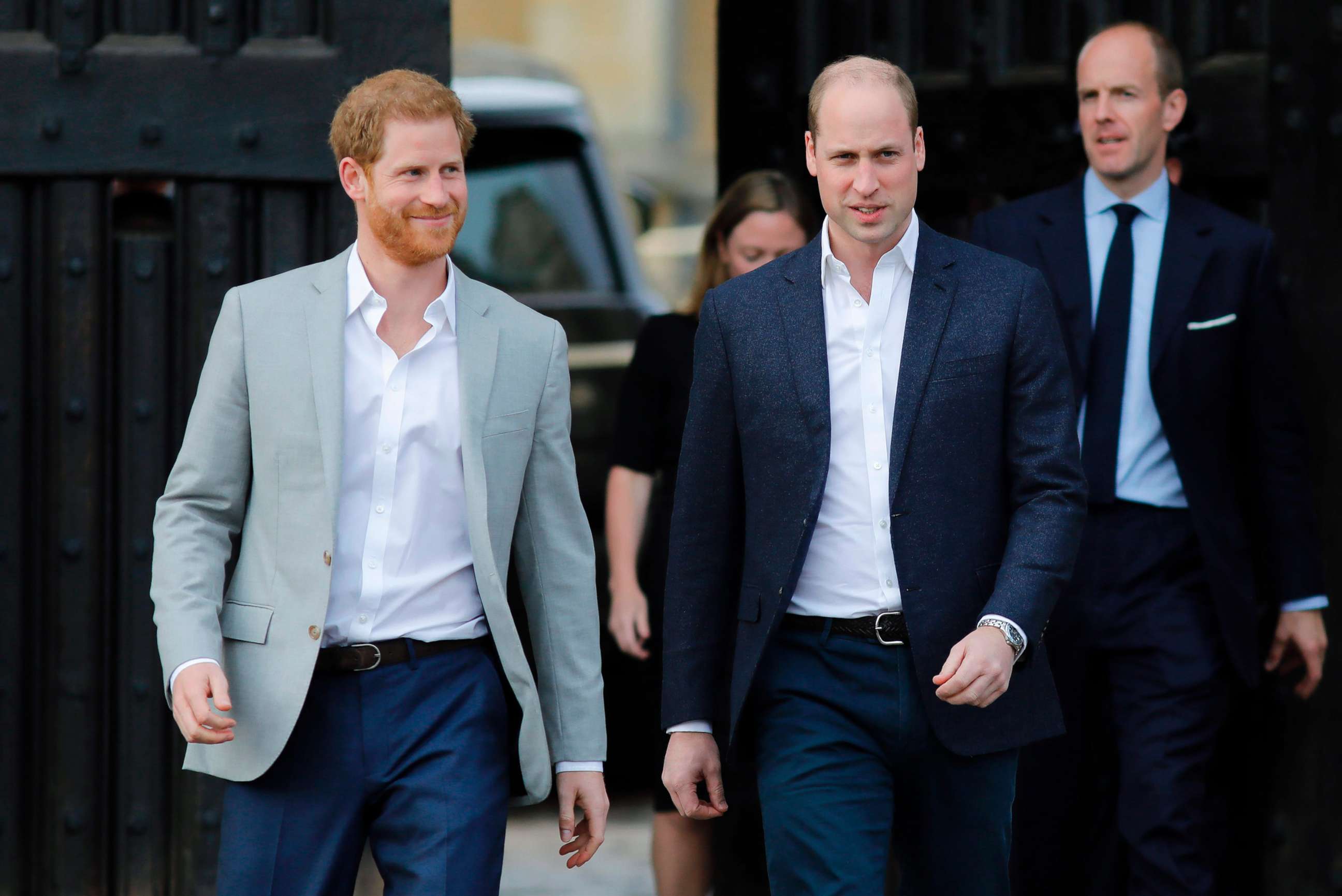 PHOTO: Britain's Prince Harry and his best man Prince William step out to greet well-wishers outside Windsor Castle, May 18, 2018, the eve of Prince Harry's wedding to  Meghan Markle, May 18, 2018.