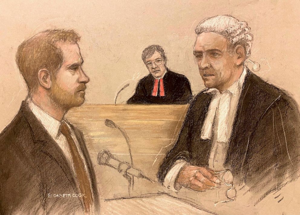 PHOTO: Court artist sketch by Elizabeth Cook Britain's Prince Harry being cross examined by Andrew Green KC, as he gives evidence at the Rolls Buildings in central London, June 6, 2023 during the phone hacking trial against Mirror Group Newspapers.