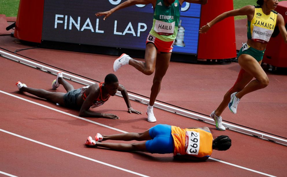 PHOTO: Sifan Hassan of the Netherlands fall down during Heat 2 of the women's 1500m on Aug. 2, 2021 in Tokyo, Japan.