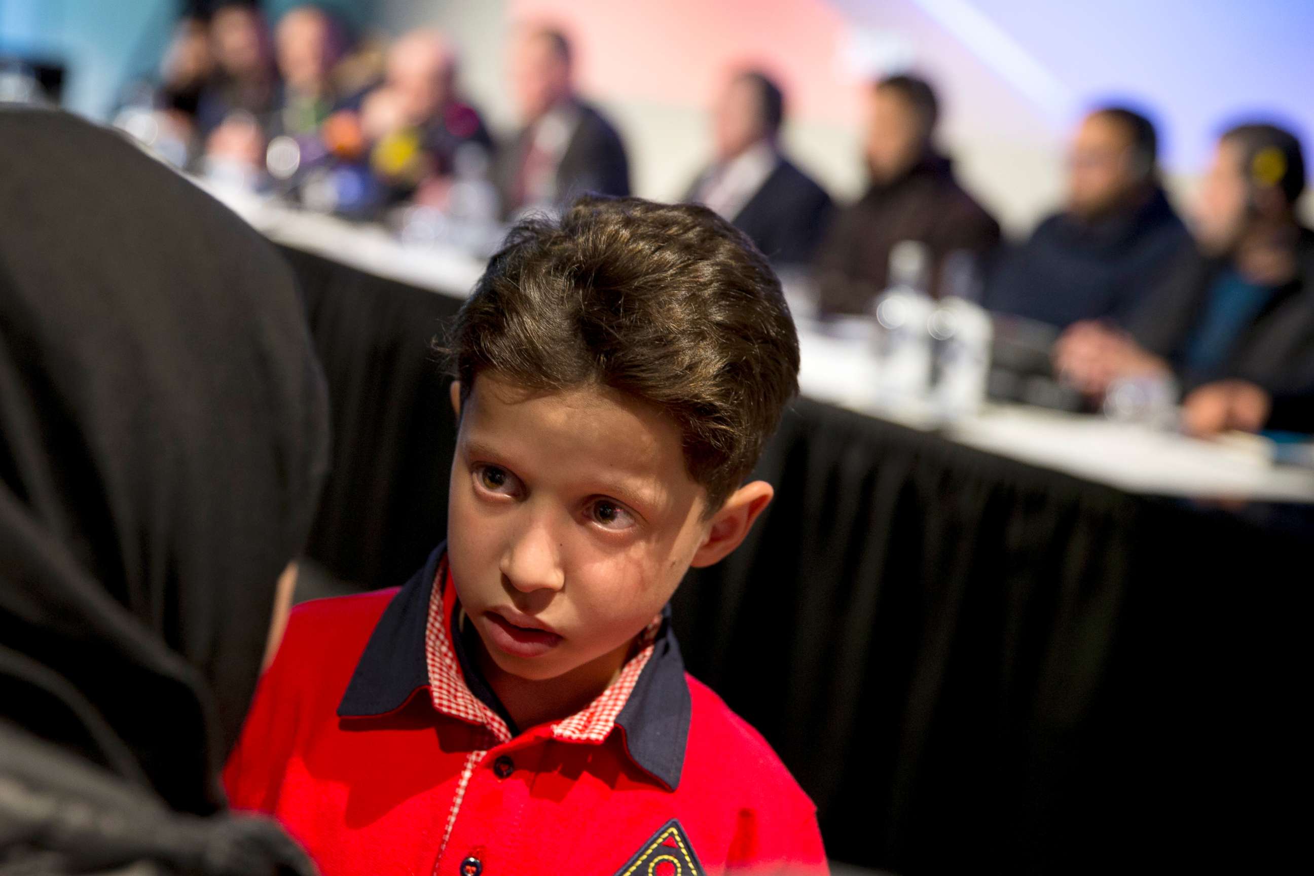PHOTO: Hasan Diab, 11, during a press conference at The Hague, Netherlands, April 26, 2018. 