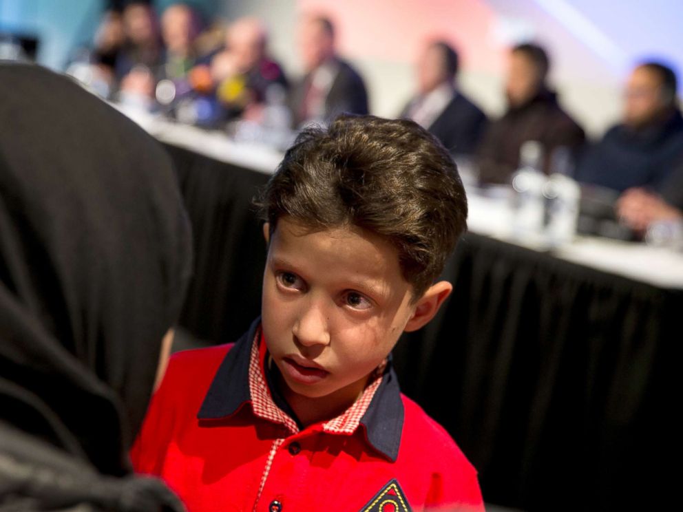 PHOTO: Hasan Diab, 11, during a press conference at The Hague, Netherlands, April 26, 2018.