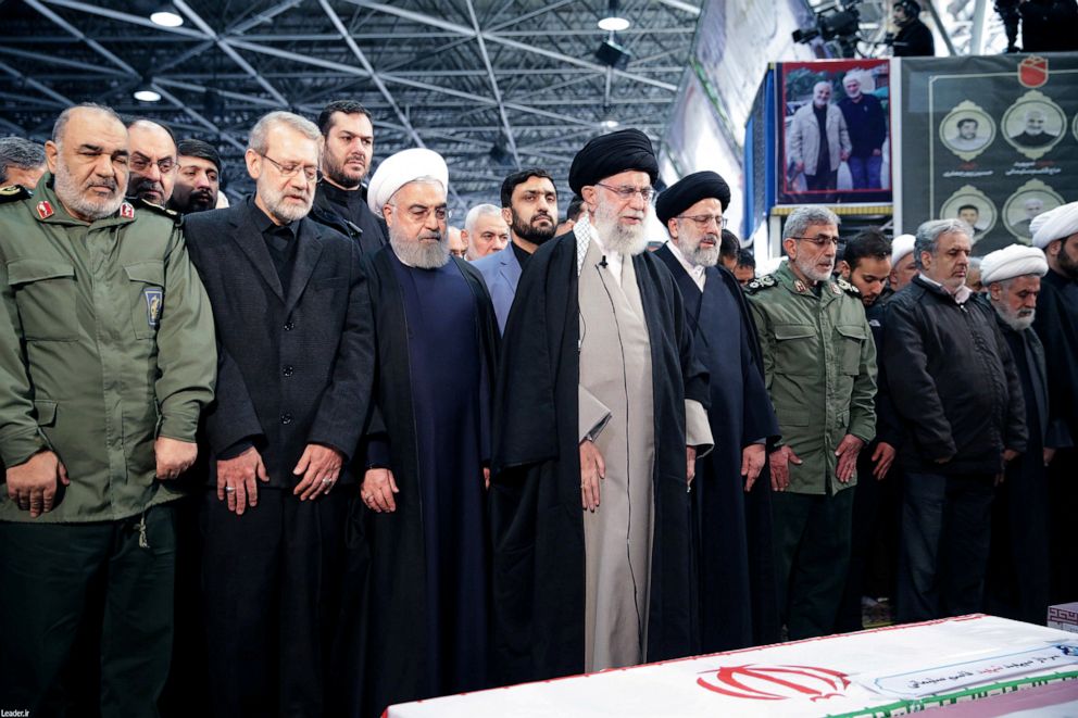 PHOTO: Iran's Supreme Leader Ayatollah Ali Khamenei and Iranian President Hassan Rouhani pray near the coffin of Iranian Major-General Qassem Soleimani in Tehran, Iran, Jan. 6, 2020.