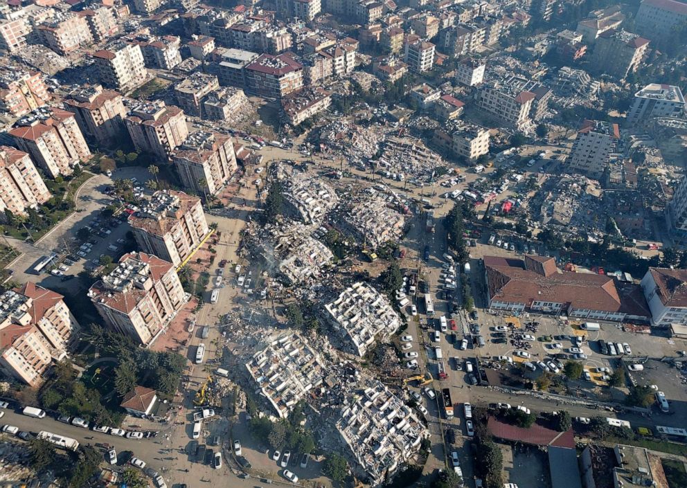 PHOTO: An aerial photo showing the destruction in Hatay city center, southern Turkey, Thursday, Feb. 9, 2023.