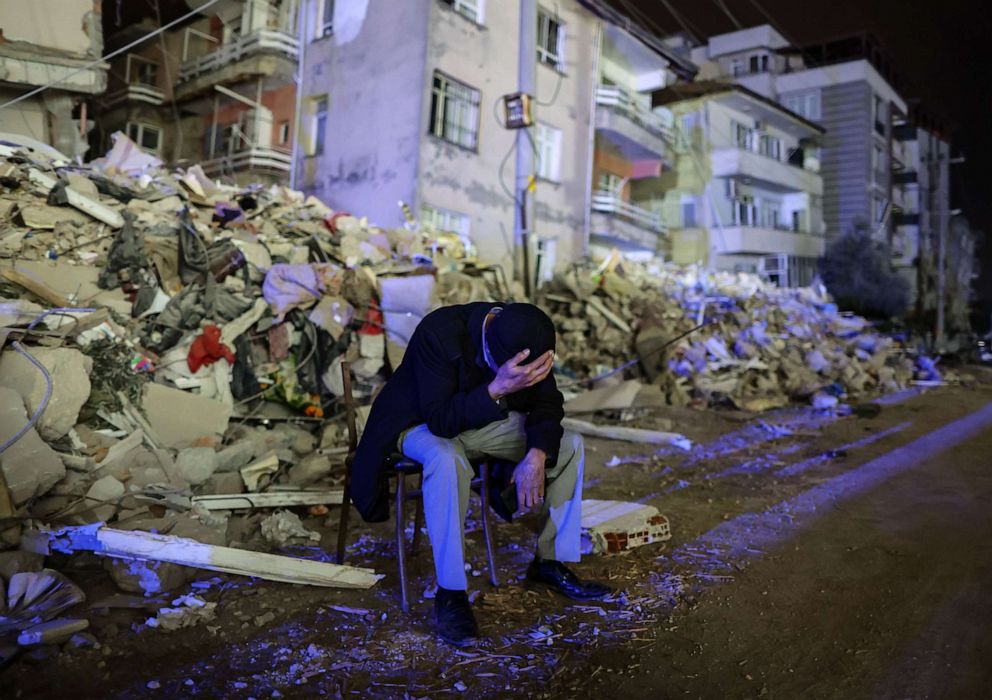 PHOTO: An elderly man reacts after a new 6.3 magnitude earthquake in Hatay, Turkey, Feb. 20, 2023.