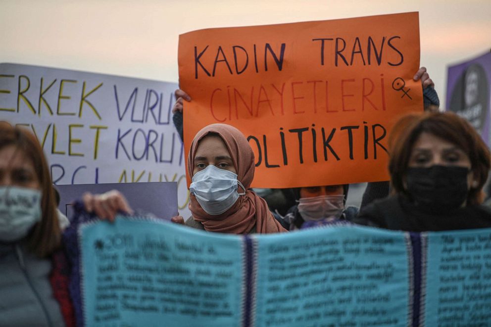 PHOTO: A member of the Muslim feminist group Havle attends a demonstration to protest Turkish president's contentious withdrawal of the 2011 Istanbul Convention, a treaty combating gender-based violence, in Istanbul, March 25, 2021.