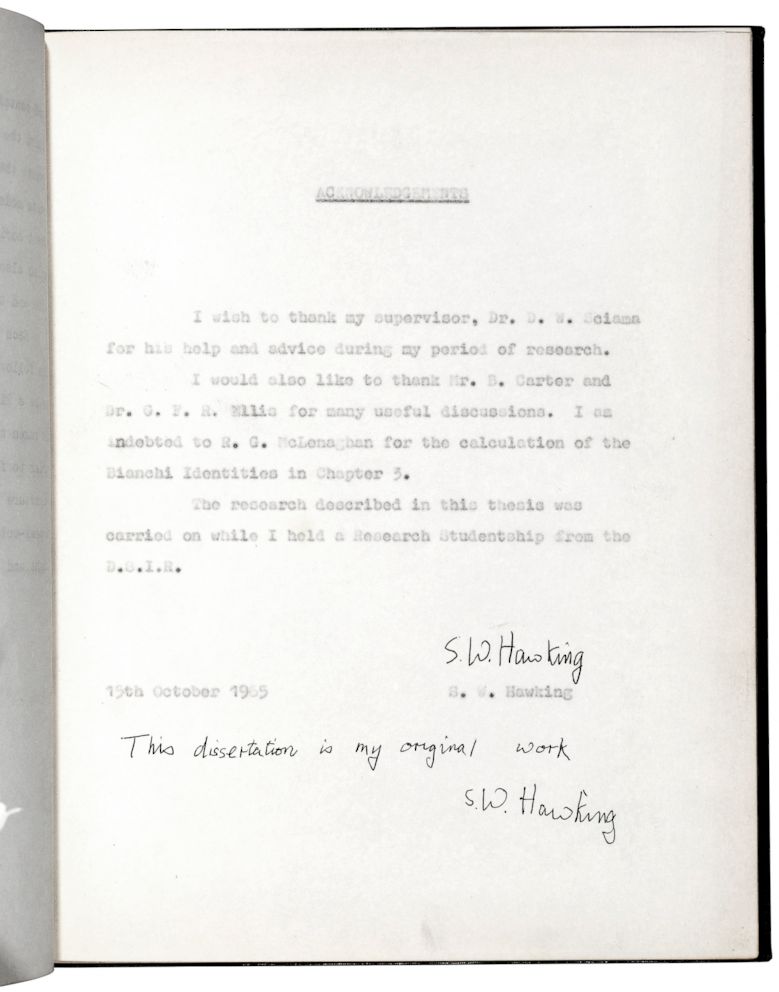 PHOTO: 'This dissertation is my original work': one of five known copies of Hawking's PhD thesis.