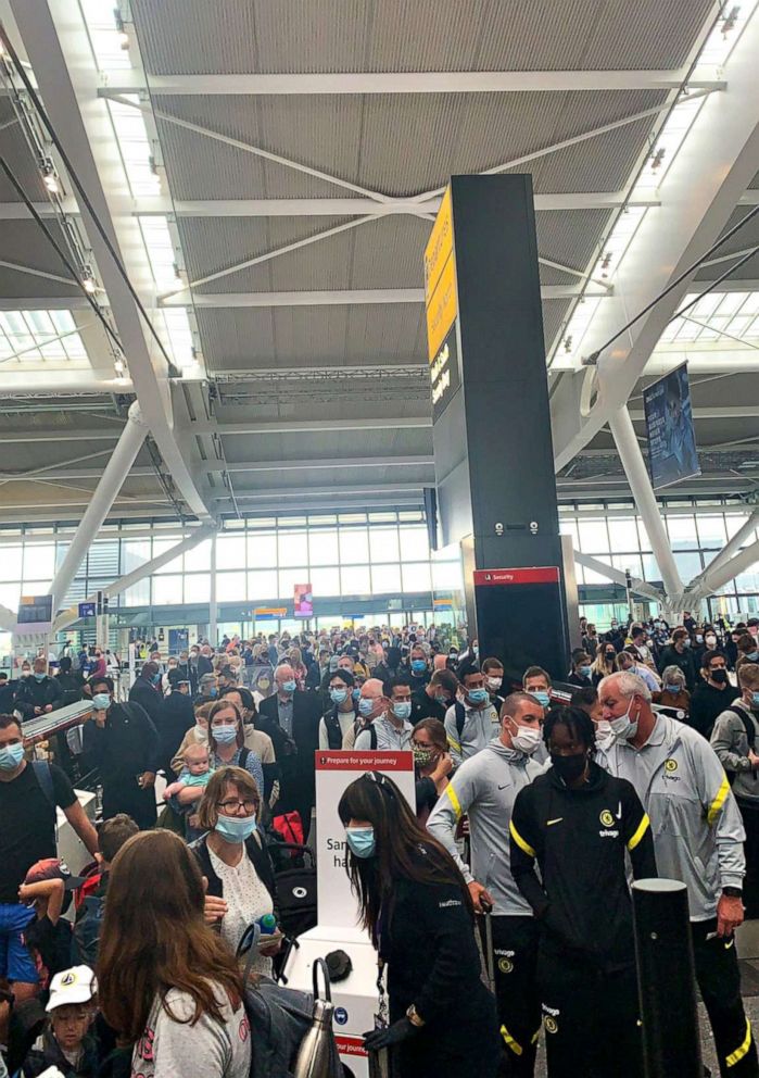 PHOTO: Passengers at Heathrow faced long queues on July 12, 2021 due to security staff being told to self-isolate, the airport said.