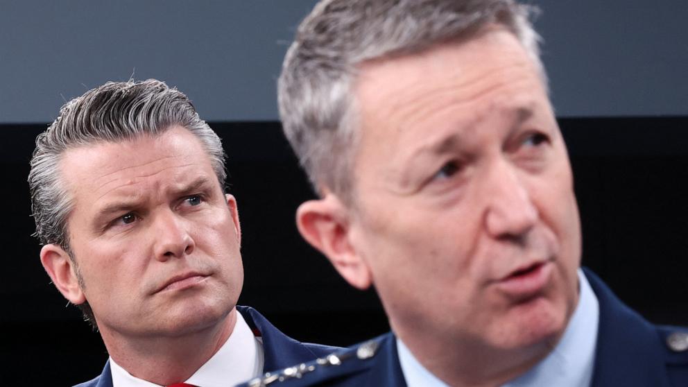 PHOTO: Secretary of Defense Pete Hegseth and Chairman of the Joint Chiefs of Staff General Dan Caine hold a briefing on the Iran war, at the Pentagon in Washington, May 5, 2026.