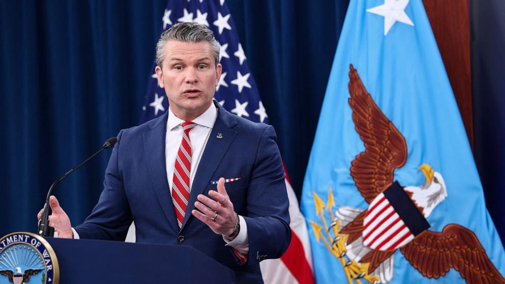 PHOTO: Defense Secretary Pete Hegseth speaks at a briefing at the Pentagon in Arlington, Va., May 5, 2026.