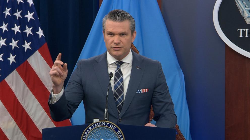 PHOTO: Secretary of Defense Pete Hegseth speaks at a briefing at the Pentagon, March 19, 2026.