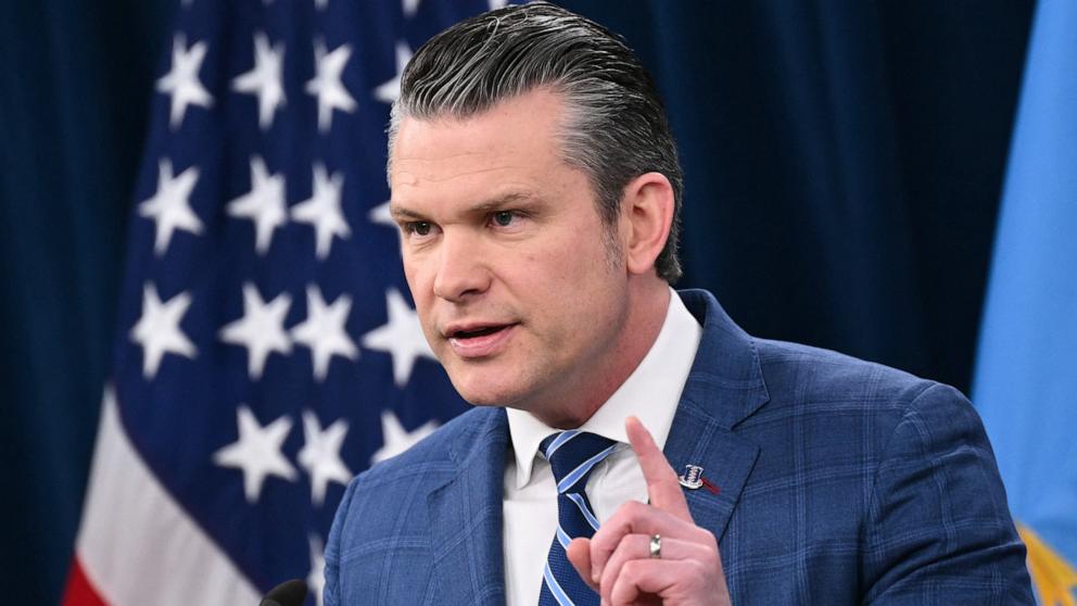 PHOTO: Secretary of Defense Pete Hegseth speaks during a press briefing at the Pentagon in Washington, April 8, 2026.