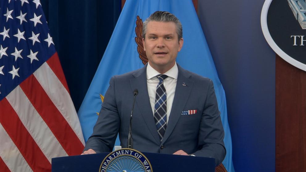 PHOTO: Secretary of Defense Pete Hegseth speaks at a briefing at the Pentagon, March 19, 2026.